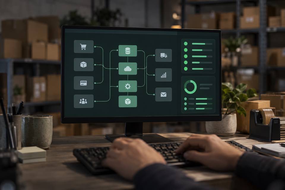 Mãos no teclado diante de um monitor com integrações entre loja, estoque, pagamento, frete e marketing.